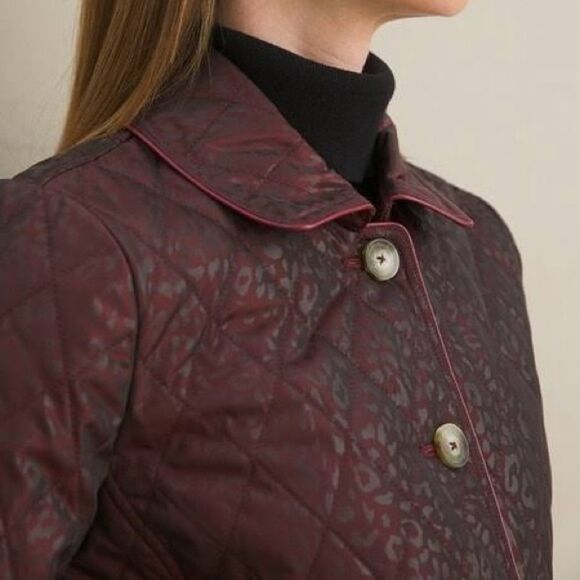 Chico’s Long Quilted Animal-Print Midi Coat Shimmer Burgundy Size 3 | XL 16-18 - Picture 9 of 16